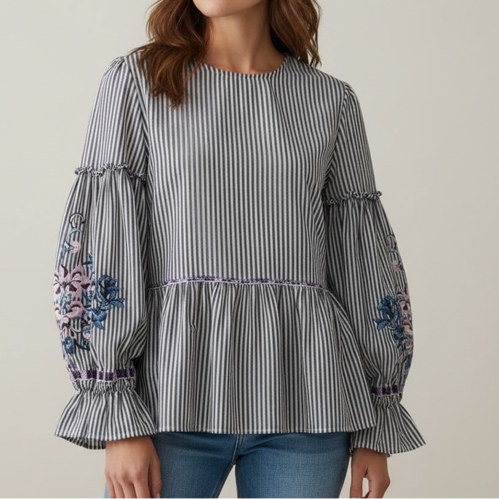 CASLON / NORDSTROM - Striped Embroidered Peplum Top - Size Med. - Blue/White B20